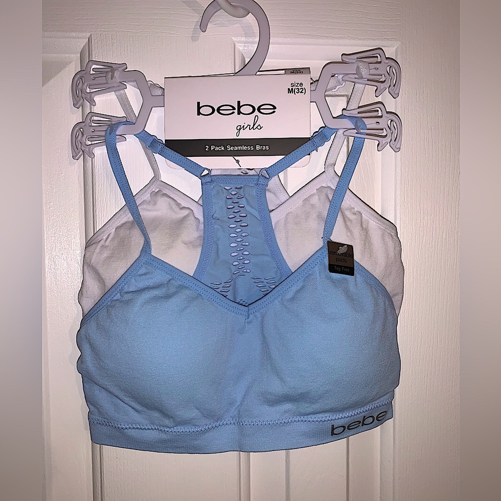 bebe girls 2 pack seamless Bras size M(32) Blue & White with removable pads, NWT